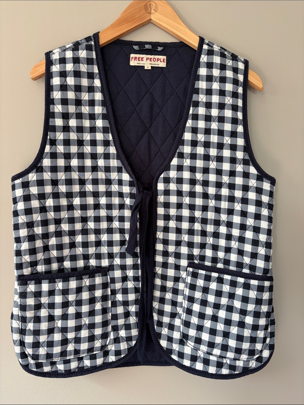 Free People Claudine Gingham Quilted Vest Size XS‎ Boho Cottagecore Navy White